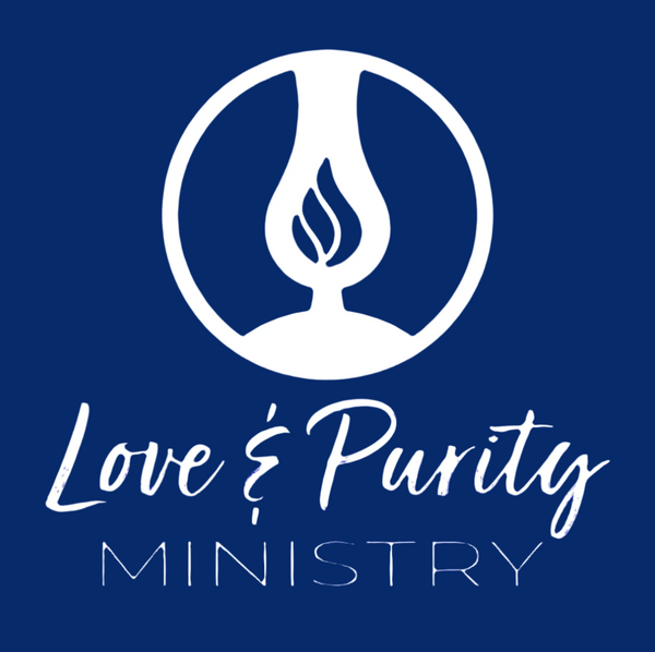Logo of Love & Purity Ministry with a white flame symbol on a blue background