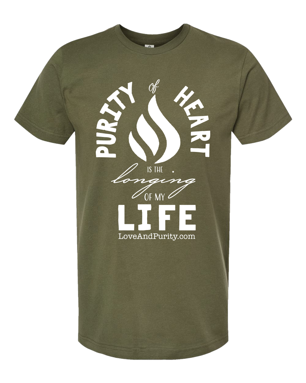 Green t-shirt with white text and design on a white background