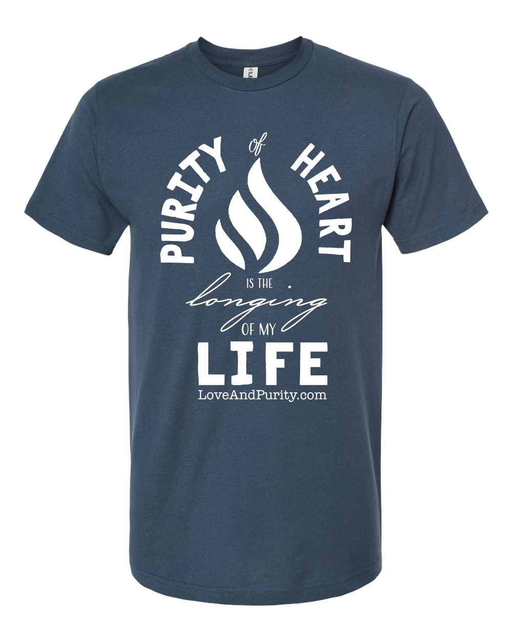 Navy blue t-shirt with white text and logo on a white background